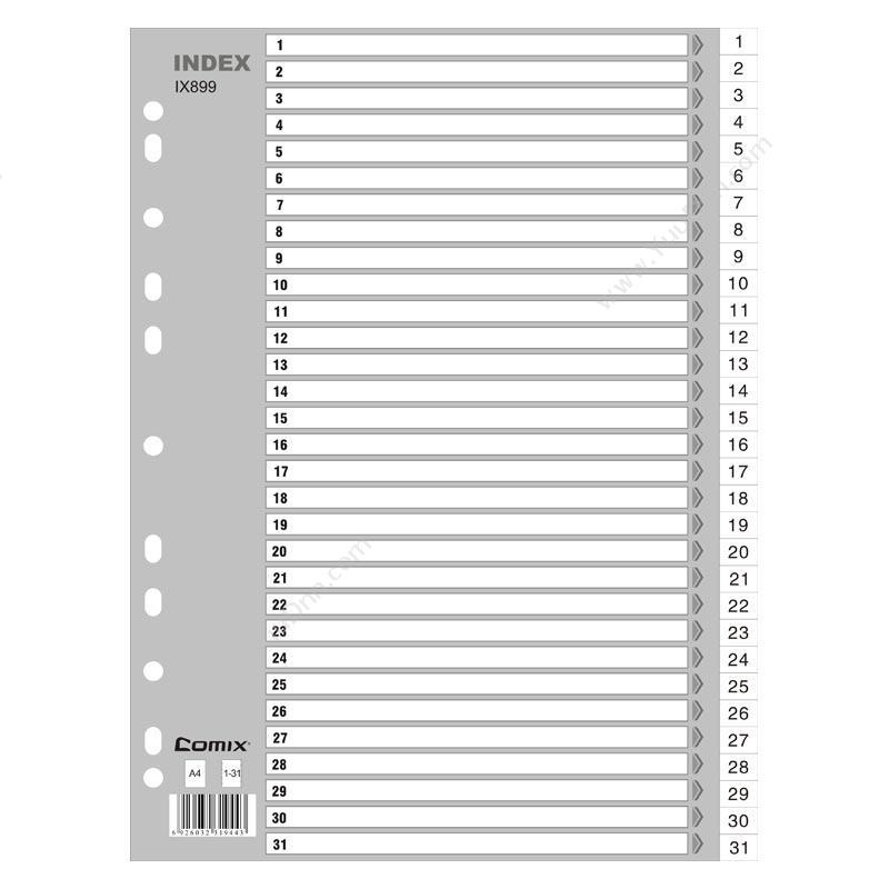齐心 ComixIX899 易分类月度索引纸 A4 31页(1-31) 11孔 灰色分类页